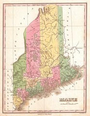 Fototapete - 1827, Finley Map of Maine, Anthony Finley mapmaker of the United States in the 19th century