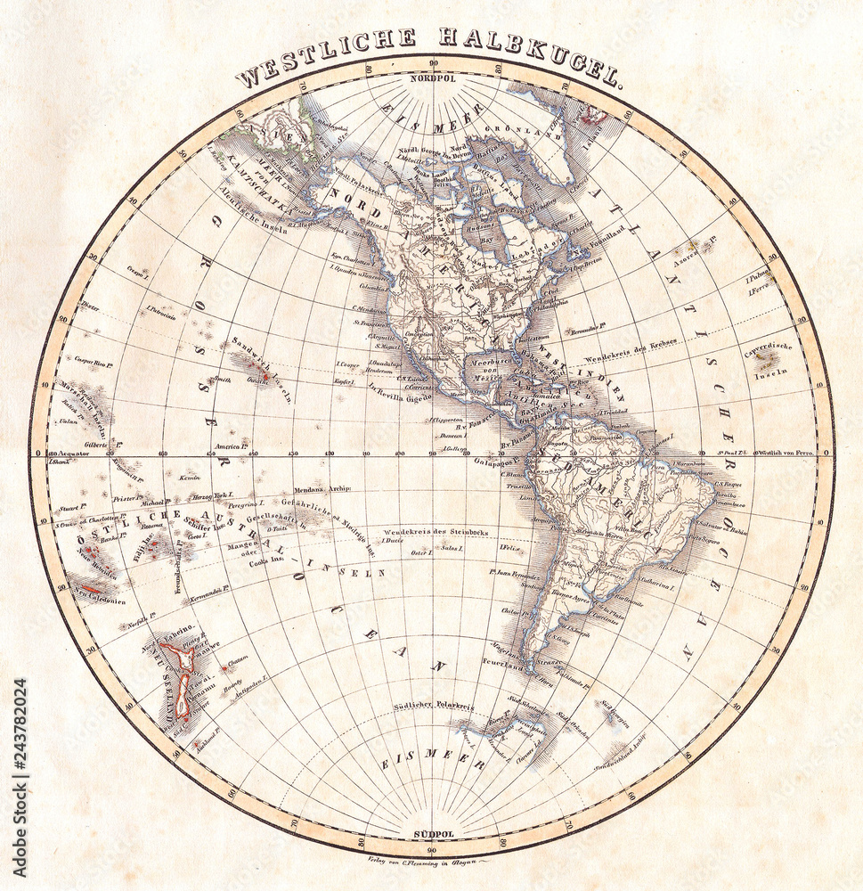 1844, Flemming Map of the Western Hemisphere or South and North America - obrazy, fototapety, plakaty 