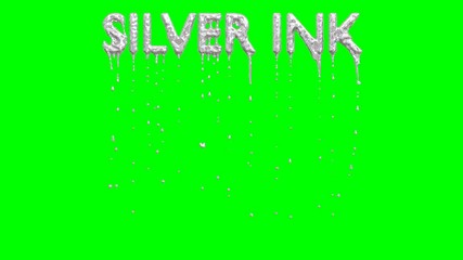 Animated dripping a lot of silver paint or ink or liquid metal from all caps text Silver Ink. Liquid is dripping from three dimensional letters against green background.