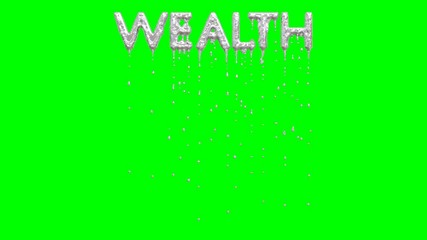 Animated dripping a lot of silver paint or ink or liquid metal from all caps text Wealth. Liquid is dripping from three dimensional letters against green background.