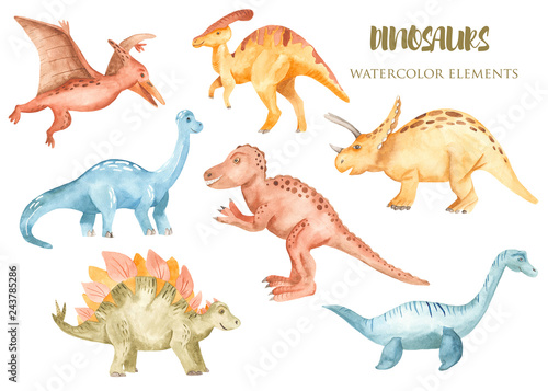 Fotografia  Watercolor dinosaurs prehistoric period