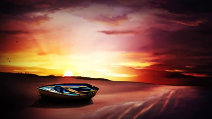 Wall Mural - abandoned boat on the beach painting 4k loop features a lone rowboat washed ashore with waves lappin