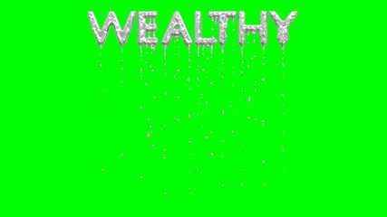 Animated dripping a lot of silver paint or ink or liquid metal from all caps text Wealthy. Liquid is dripping from three dimensional letters against green background.
