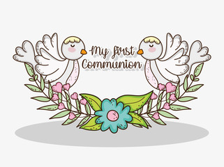 Poster - my first communion with doves and flowers with leaves