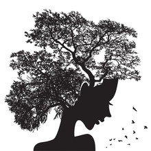 Woman Face And Tree Silhouette - Vector Illustration. Double Exposure In Outline Graphics - A Portrait Of A Beautiful Girl And A Tree Branch Like Hair. The Concept Of The Living Soul Of Nature.
