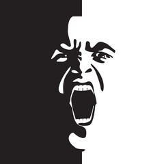 Screaming face shout in black and white vector graphics. Emotional scream of a man with open shouting mouth - expression drawing in graffiti style.