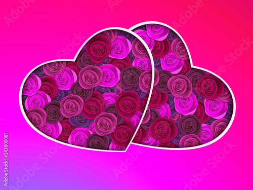 Two Hearts From Multi Colored Roses On Neon Background Design For