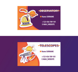 Wall Mural - Space science business card for observatory or astronomy equipment shop vector illustration. Contact information. Planets, stars, telescope, observatory, comet stickers and patches.