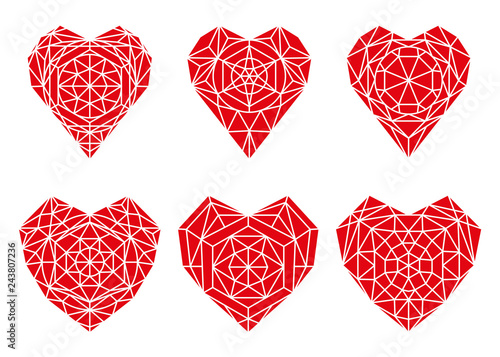 Vector set of hearts in the shape of gemstone, diamond or ruby. Red hearts. C...