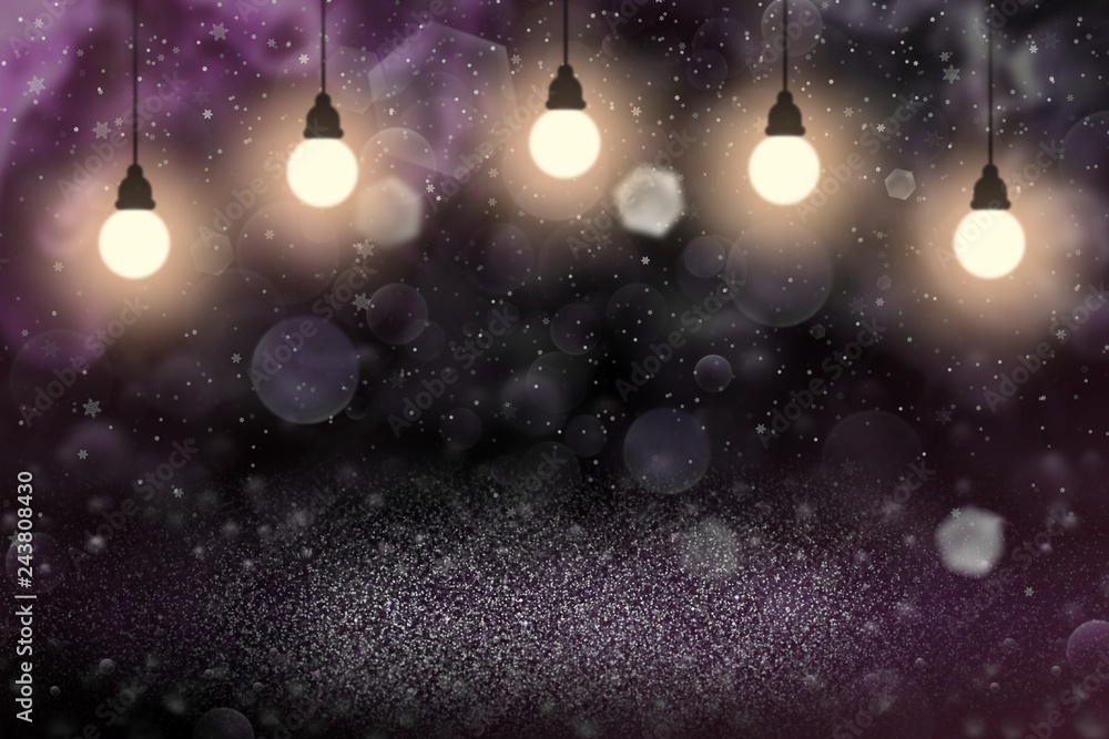 nice sparkling glitter lights defocused bokeh abstract background with light bulbs and falling snow flakes fly, festal mockup texture with blank space for your content - obrazy, fototapety, plakaty 