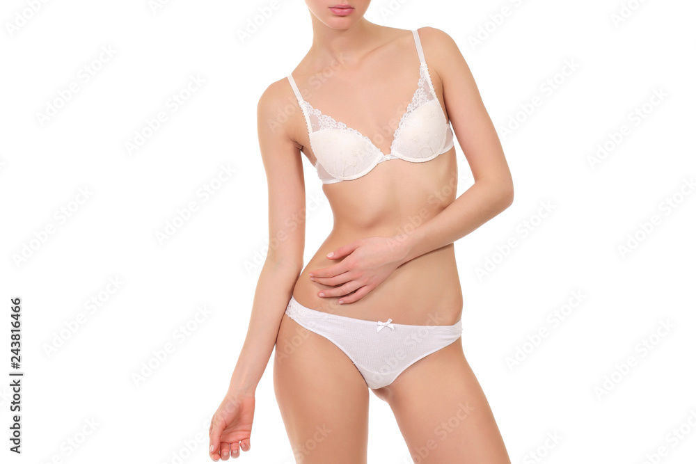 young girl with a beautiful body in underwear - obrazy, fototapety, plakaty 