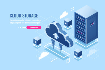 Wall Mural - technology of cloud data storage, server room rack, database and data center isometric icon, abstrac