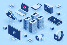 Computer Technology Isometric Icon, Server Room, Digital Device Set, Element For Design, Pc Laptop, Mobile Phone With Smartwatch, Cloud Storage, Flat Vector