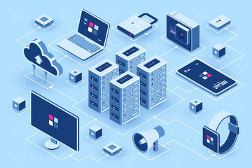 computer technology isometric icon, server room, digital device set, element for design, pc laptop, 