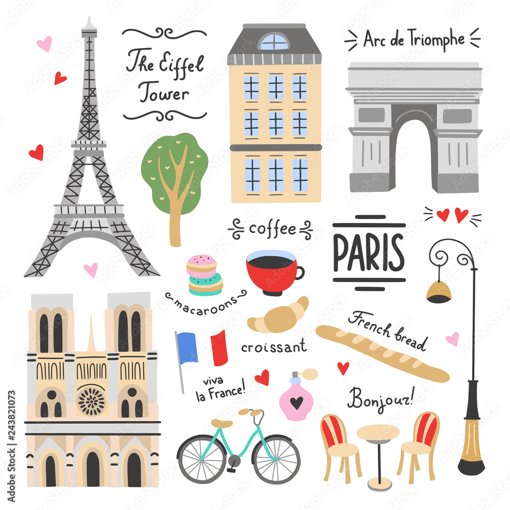 Paris vector set on white background. French symbols and icons. Visit Paris illustrations: architecture, The Eiffel Tower, parisian cafe, bicycle - obrazy, fototapety, plakaty 