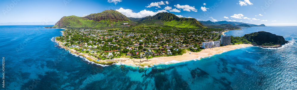 Aerial panorama of the west coast of Oahu with Makaha Valley and Papaoneone beach. Hawaii, USA - obrazy, fototapety, plakaty 