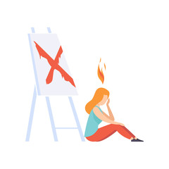 Sticker - Tired artist woman feeling exhausted, emotional burnout concept, stress, headache, depression vector Illustration