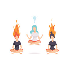 Sticker - Women meditating and relaxing in lotus position, emotional burnout concept, stress, headache, depression, psychological problems vector Illustration