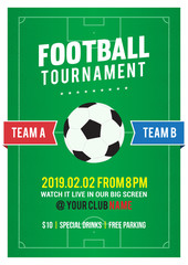 Football Tournament flyer vector illustration. Soccer ball on football pitch background. Vintage design.