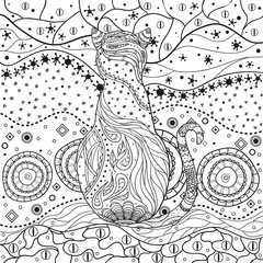 Mandala with cat on white. Zentangle. Hand drawn animal with abstract patterns on isolation background. Design for spiritual relaxation for adults. Outline for flyer or poster