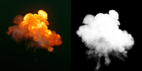 Wall Mural - large explosion with black smoke in dark plus alpha channel. 3d rendering