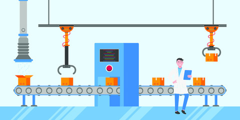 Smart industry 4.0 and technology assembly line flat style design vector illustration concept. Production conveyor belt and operator production line with robot arms, cardboard boxes and automated line