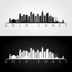 Gold Coast skyline and landmarks silhouette, black and white design, vector illustration.