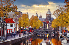 Amsterdam, Netherlands. Autumn Sunset In Red-light District.