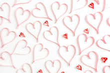 Valentines Day Background With Paper Heart Symbols On White. Flat Lay, Top View Love Concept.
