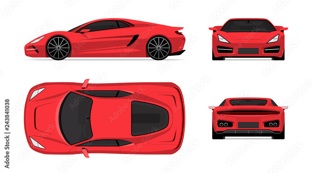 Sports car set in flat design style. Front, back, side and top view of the supercar isolated on white background - obrazy, fototapety, plakaty 