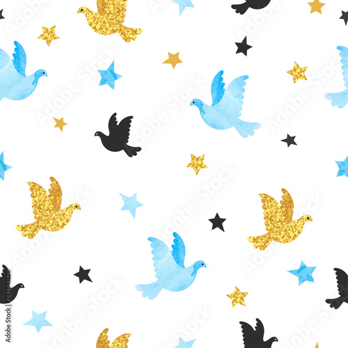 Seamless blue and golden dove pattern.Vector background.