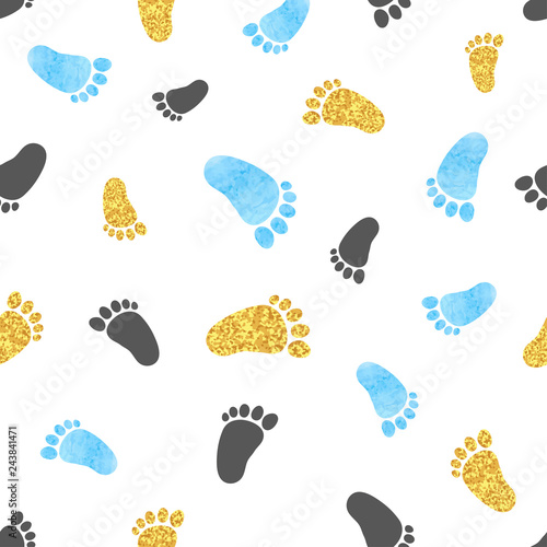 Seamless vector pattern with blue and golden baby footprints.