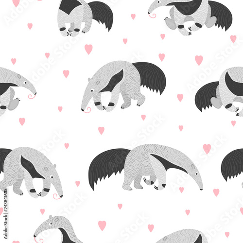 Fotografie, Obraz Seamless pattern with cute cartoon ant eater and hearts.