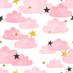 Seamless vector pink watercolor clouds and stars pattern.