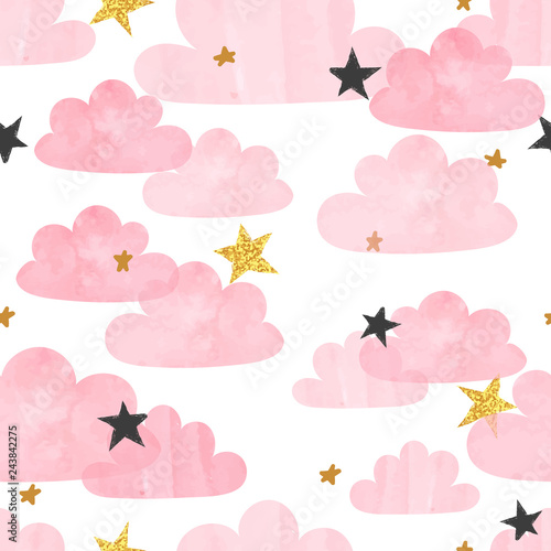 Photo Seamless vector pink watercolor clouds and stars pattern.