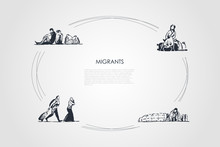 Migrants - People With Bags Migrating And Sitting On Streets Vector Concept Set