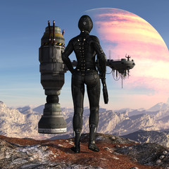 Illustration of a futuristic soldier standing on a mountaintop looking at a spaceship with a figure waving against an alien planet in the sky.