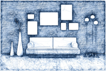 Canvas Print - blue ballpoint pen doodle room with a sofa