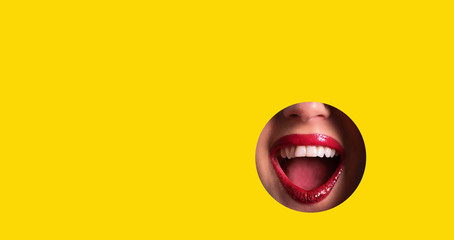 Red lips and shiny smile through hole in yellow paper background. Make up artist, beauty cosmetics sale. Spring, woman day concept. Beauty salon advertising banner with copy space