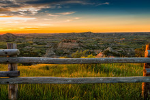 Sunset Over North Dakota Badlands Landscape 