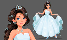 Beautiful Cute Princess With Long Braided Hairstyle Holding Her Long White Dress Vector Illustration 1