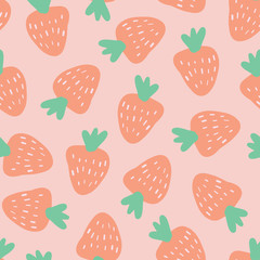 Canvas Print - Strawberry pattern. Vector seamless background with illustrated fruits isolated on pink. Food illustration. Use for card, menu cover, web pages, page fill, packaging, farmers market, summer fabric.