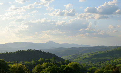 Forest and mountains in the haze. Summer evening in the mountains.