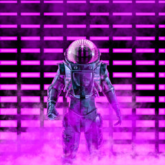 Wall Mural - The dark neon astronaut / 3D illustration of science fiction scene with astronaut in armoured space suit in front of glowing neon lights