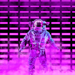 Wall Mural - The neon astronaut / 3D illustration of science fiction scene with astronaut in space suit in front of glowing neon lights