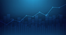 Widescreen Abstract Financial Graph With Uptrend Line And Bar Chart Of Stock Market On Blue Color Background