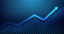 Widescreen Abstract Financial Graph With Uptrend Line Arrow And Bar Chart Of Stock Market On Blue Color Background