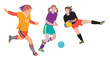 Soccer girls. Young women playing soccer. Hand drawn vector illustration, flat color on white background.
