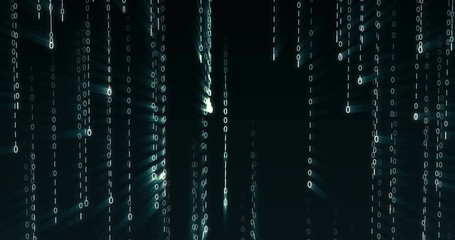 Strings of 0 and 1 fall from top to bottom in data matrix created in cyberspace with blue glow. Flow of digital data in a datacenter. Idea of communications network, binary code, security and privacy