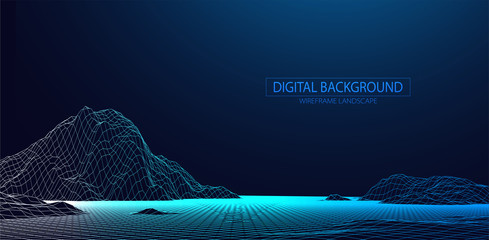 Wireframe landscape background. Futuristic vector illustration.